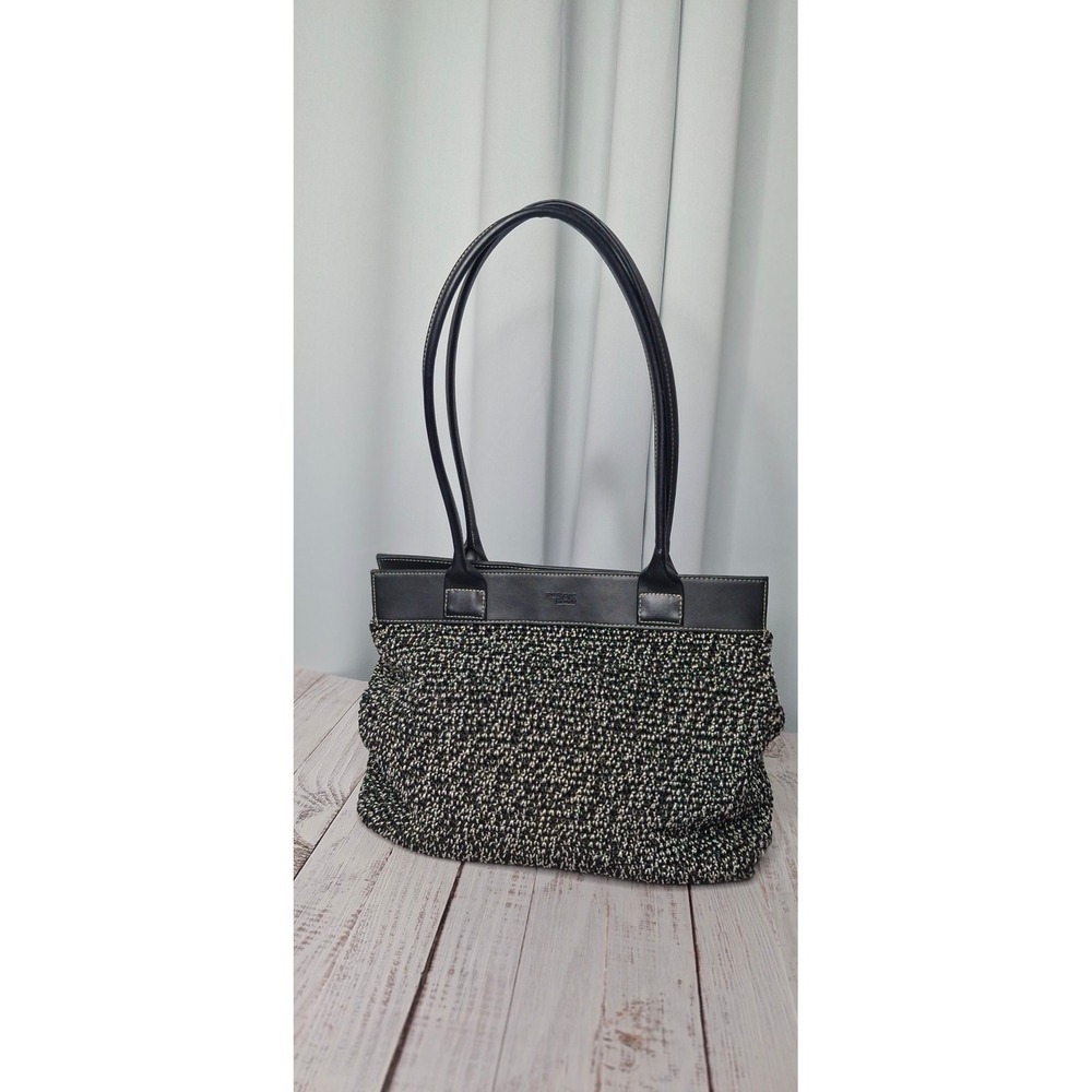 The Sak Elliott Lucca Black White Crochet Leather Trim Shoulder Bag Tote EUC